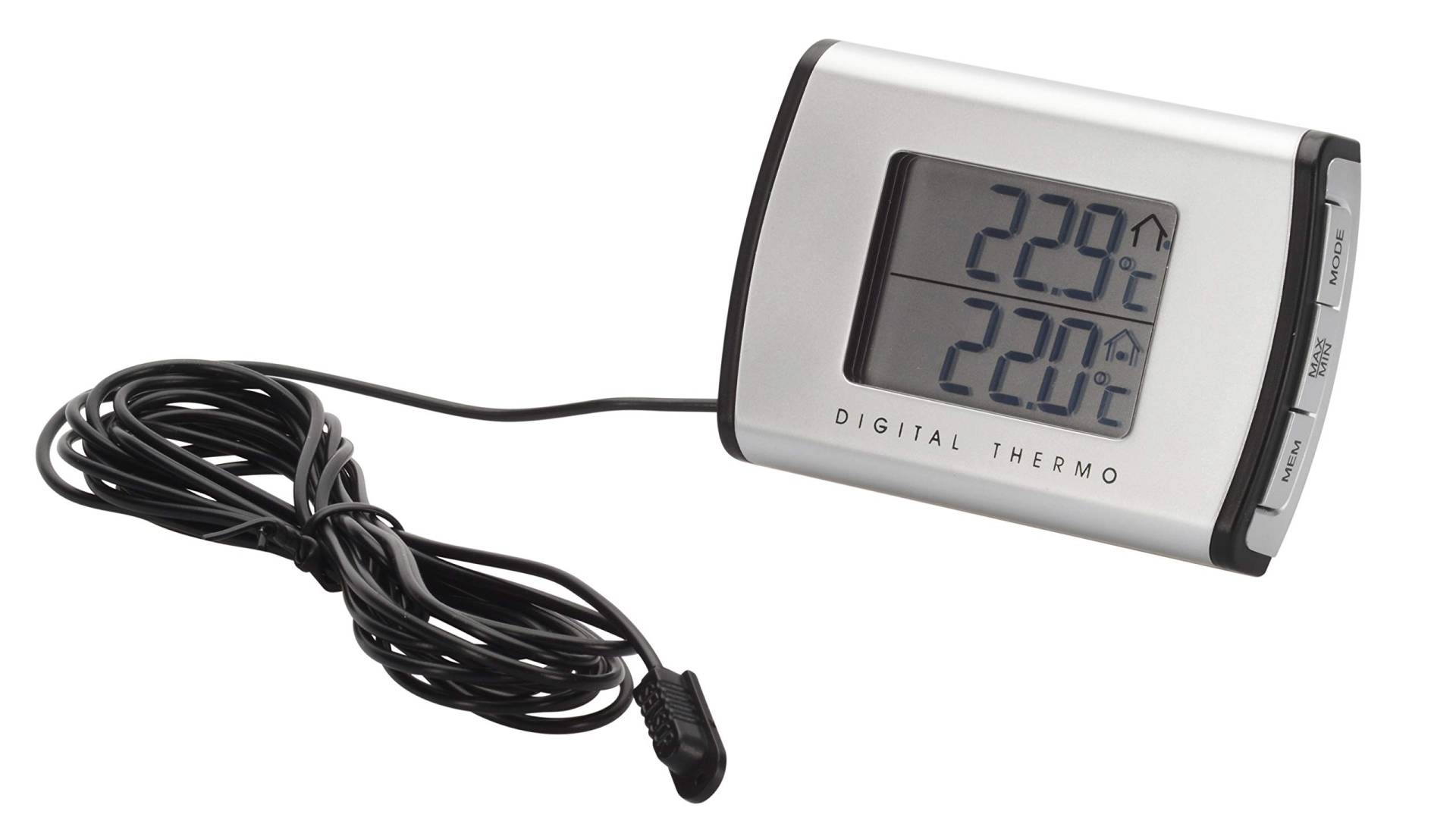 hr-imotion digitales Thermometer für Innen- und Außentemperatur [Mit Uhrzeit I Inkl. Batterie I - 50°C bis + 70°C I 3m Kabel für Außenfühler I selbstklebend] 10110301 von hr-imotion