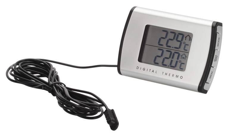 hr-imotion digitales Thermometer für Innen- und Außentemperatur [Mit Uhrzeit I Inkl. Batterie I - 50°C bis + 70°C I 3m Kabel für Außenfühler I selbstklebend] 10110301 von HR-imotion