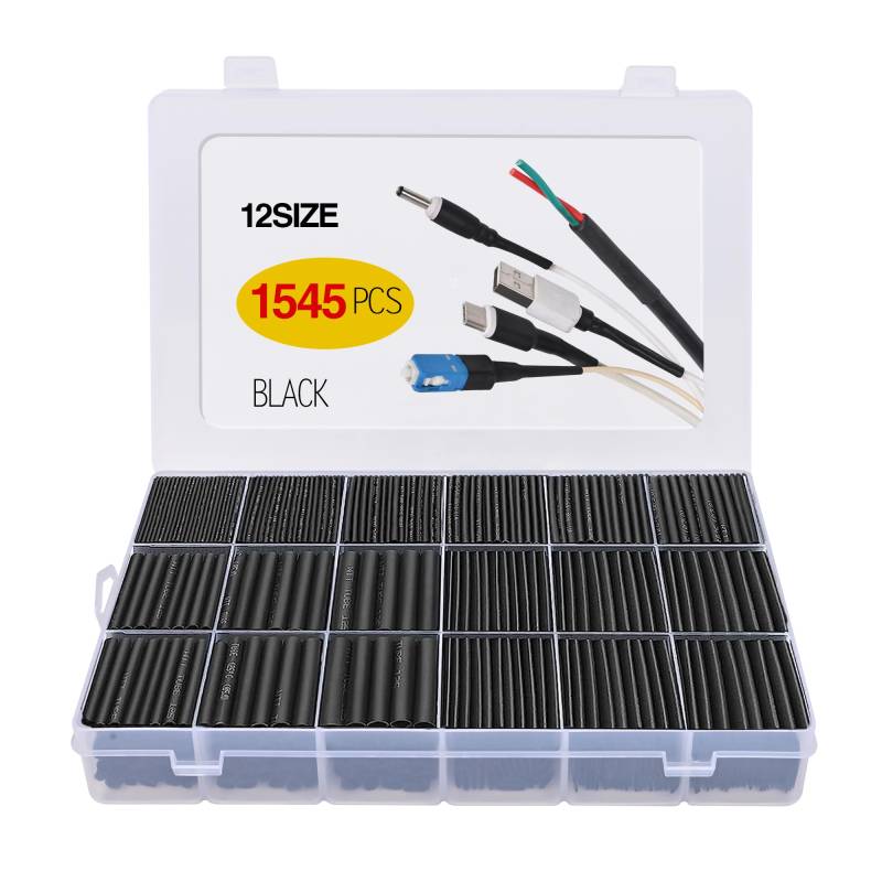 Schrumpfschlauch Set Schwarz 1545 Stück Schrumpfschläuche Heat Shrink Tube Tubing Schrupfschlauchset Isolationsschutz Flammhemmend Kabel Schrumpfschlauch Sortiment in 12 Verschiedenen Größen 1-13mm von htbakoi