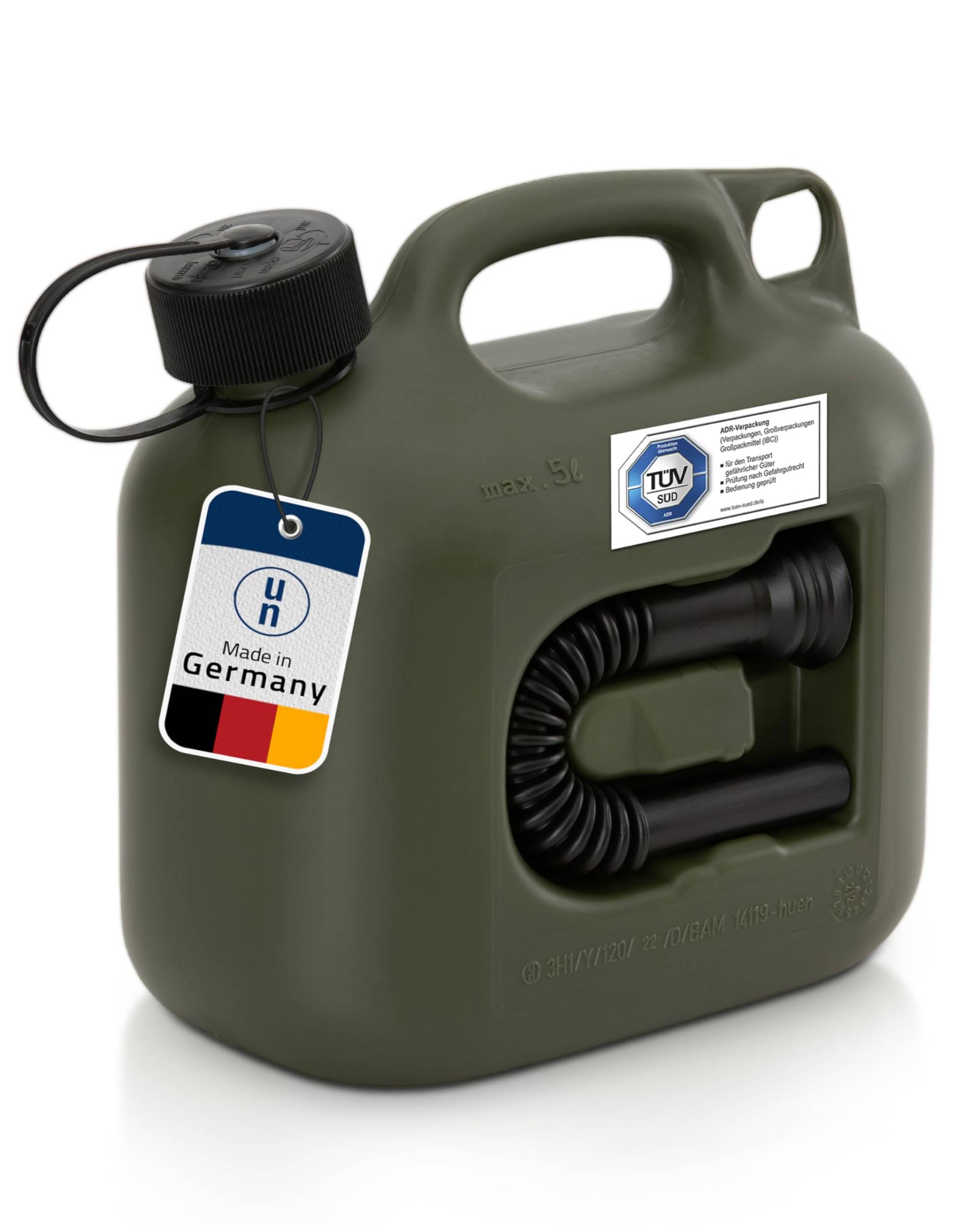 Hünersdorff Kraftstoff-Kanister Profi 5L für Benzin, Diesel und andere Gefahrgüter, UN-Zulassung, Made in Germany, TÜV-geprüfte Produktion, oliv von hünersdorff