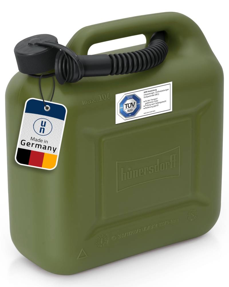 Kraftstoff-Kanister 812869 STANDARD 10l für Benzin, Diesel und andere Gefahrgüter, UN-Zulassung, made in Germany, TÜV-geprüfter Produktion, oliv von hünersdorff