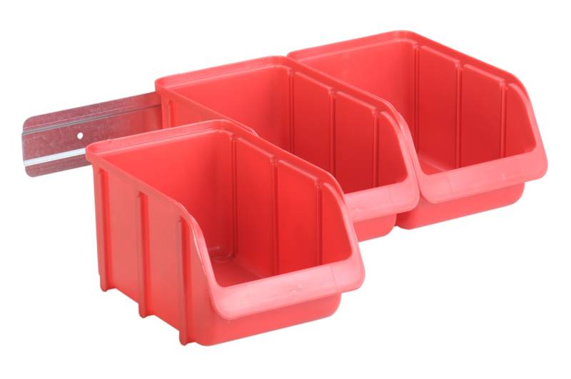 hünersdorff 656600 Sichtboxen-Set: 1x Kunststoffschiene plus 3 x Lagerboxen der Größe 3, Wandhalter inkl. Aufbewahrungsboxen für Regalsystem, Rot, 3 x größe 3 von hünersdorff