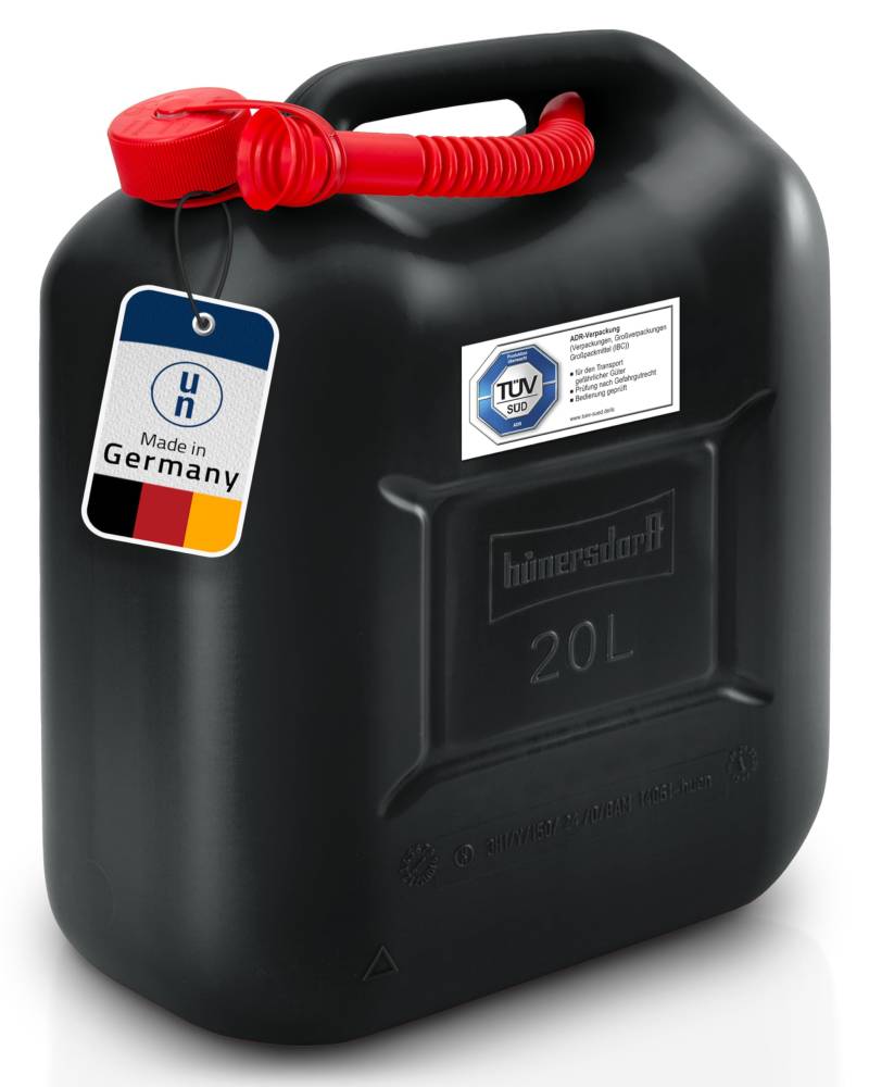 hünersdorff Kraftstoff-Kanister STANDARD 20l für Benzin, Diesel und andere Gefahrgüter, UN-Zulassung, made in Germany, TÜV-geprüfter Produktion, schwarz von hünersdorff