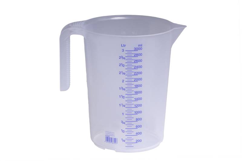 hünersdorff Messbecher 3l | Polypropylen (PP) | bruchsicher und spülmaschinengeeignet | offener Griff | blaue Skala, Transparent+blau von hünersdorff