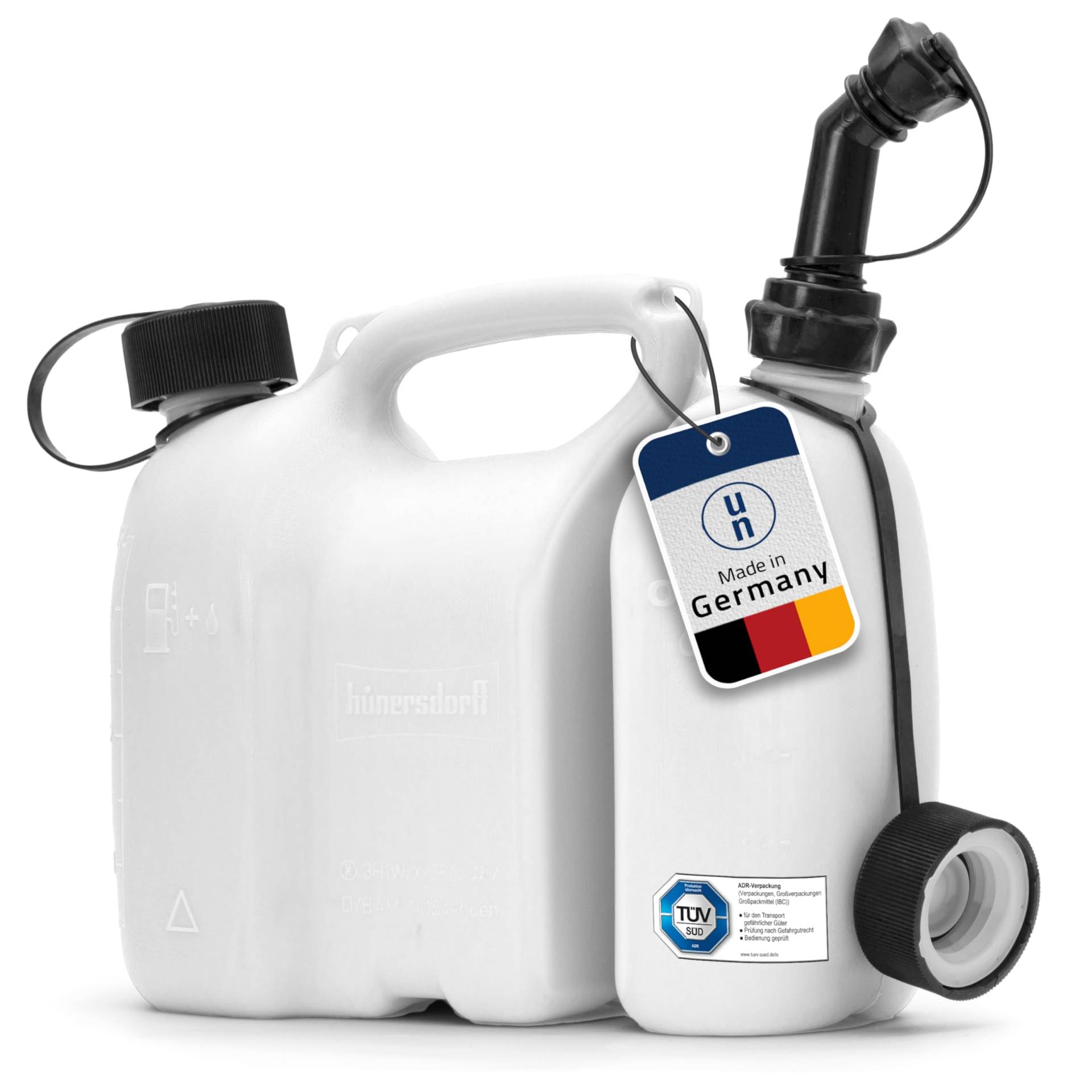 hünersdorff 803900 PROFI Doppelkanister / Kombikanister für Kraftstoff und Öl mit Kindersicherung und Auslaufrohr, 3 + 1,5 Liter, UN-Zulassung, Made in Germany von hünersdorff