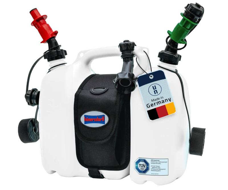 hünersdorff 804962 PROFI Doppelkanister / Kombikanister für Kraftstoff und Öl mit Satteltasche und zwei Einfüllsystemen, 6 + 3 Liter, UN-Zulassung, Made in Germany von hünersdorff