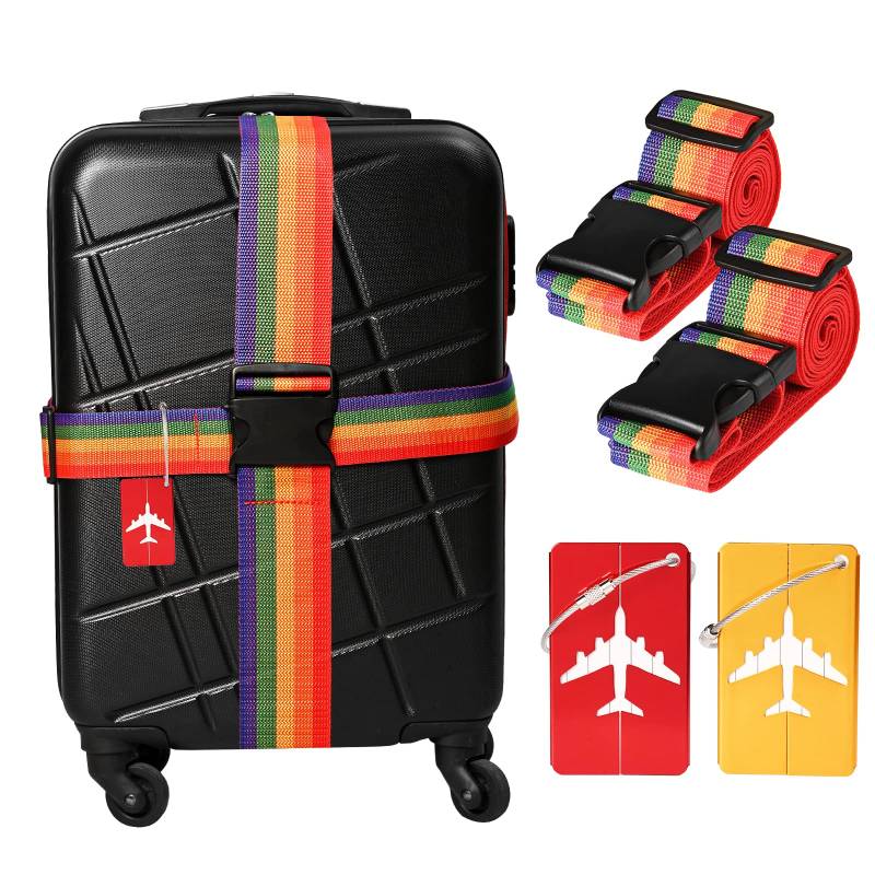 hvoolee Kofferband Set : 4 Stück Gepäckband mit 2 Kofferanhänger, Personalisierte Gepäckanhänger kofferbänder Auffällig Adressschild Koffergurte zum Reisen & Fliegen, KST006 von Lupsty