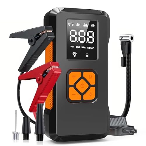 Starthilfe Powerbank mit 5000mAh 3500A Spitzenleistung,150PSI Kompressor, 4-in-1 Powerbank als Auto Starthilfe mit LCD Bildschirm mit LED Taschenlampe von hxrfoak