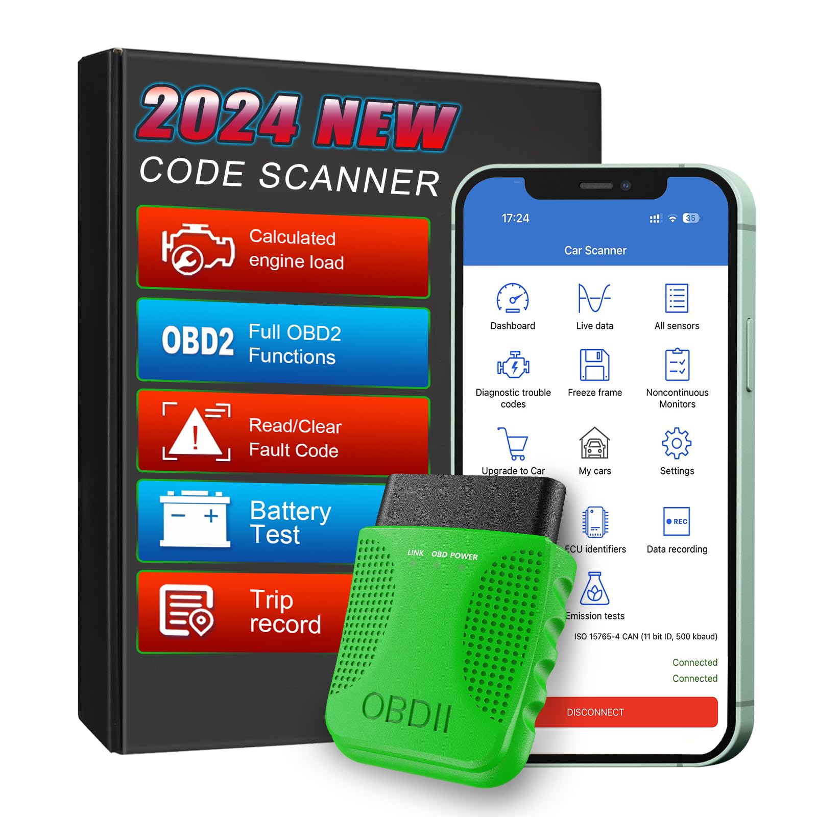 Bluetooth OBD2 Diagnosegerät Auto Diagnosescanner passend für iOS und Android, drahtloses Auto OBDII komplettes System Diagnosewerkzeug, passend für Fahrzeug Auto Diagnosegerät, Mintgrün von iKiKin