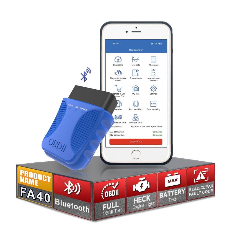 Drahtloser OBD2 Scanner Bluetooth, passend für iOS iPhone/Android automatisches Diagnose Scanwerkzeug Fahrzeug Fehlerprüfung Motorlicht OBDII Autocodeleser passend für alle OBDII-Protokollfahrzeuge von iKiKin