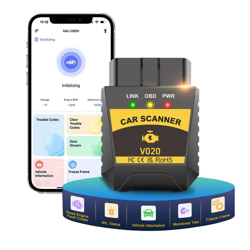OBD2 Scanner Diagnosewerkzeug Bluetooth Adapter zum Lesen von Auto Fehlercodes, die Motorleuchten OBD2 Diagnosegerät überprüfen und kommt mit fortschrittlicher OBD Anwendung auf iOS und Android von iKiKin