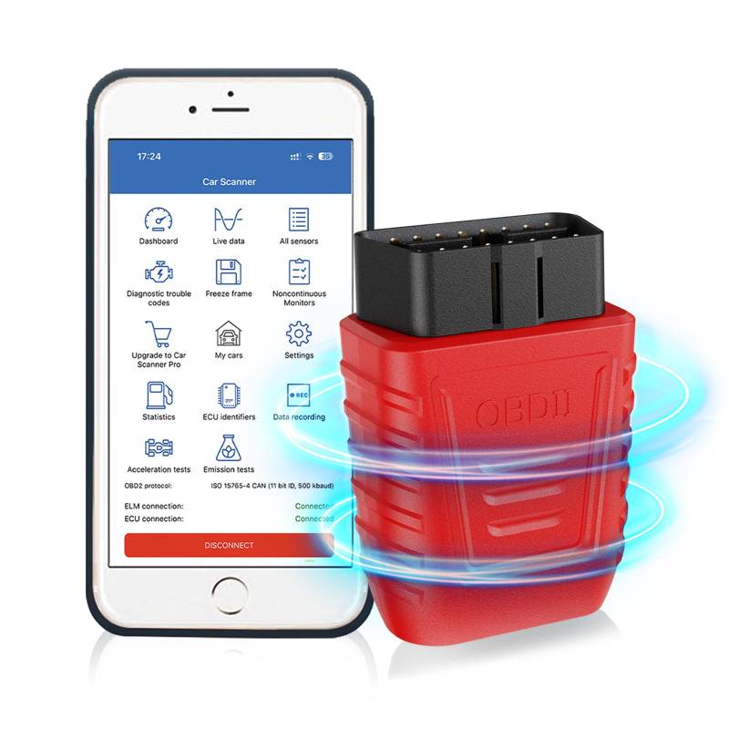iKiKin OBD2 Bluetooth 5.0 Diagnosegerät Automatischer Scanner für Vollständiges System Scannen, Drahtloser OBD2 Leser mit DTC Definition Passend für Fahrzeug Diagnosegerät (Rot) von iKiKin