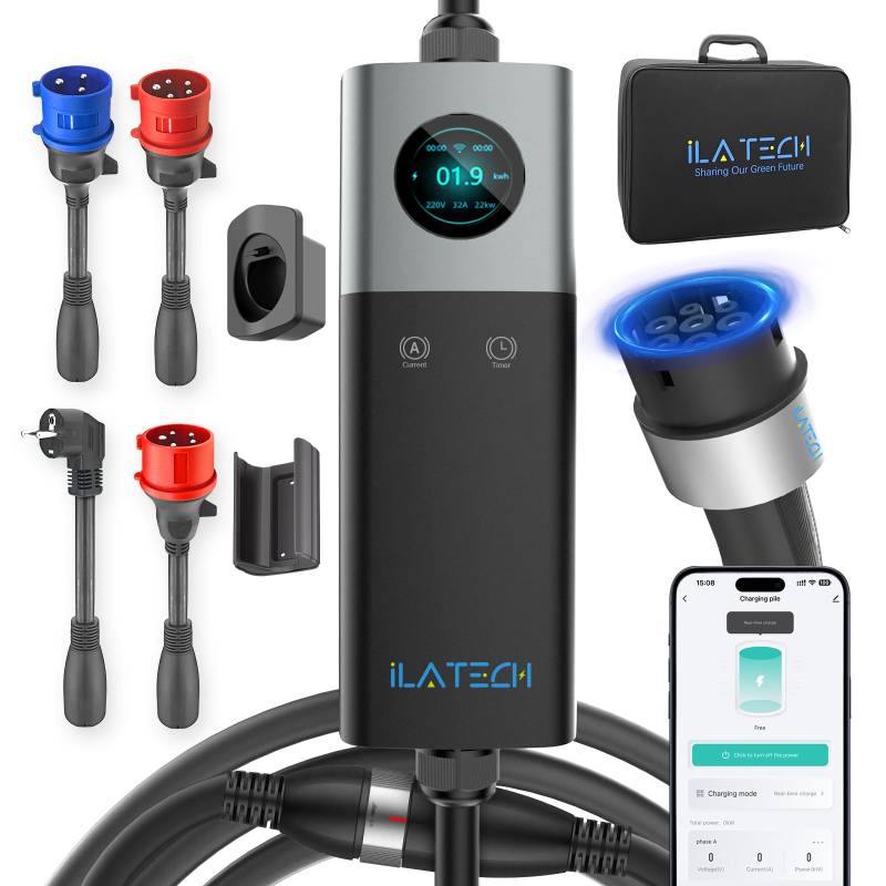 iLa Tech Mobile Wallbox 22kW WiFi, EV Ladegerät mit Typ 2 Ladekabel 5M, LCD Display, IP66 Wasserdicht mit Halterung Einstellbare Stromgröße Adapter Schuko 16A/CEE 32A Rot/CEE 16A Rot/CEE 32A Blau von iLa Tech