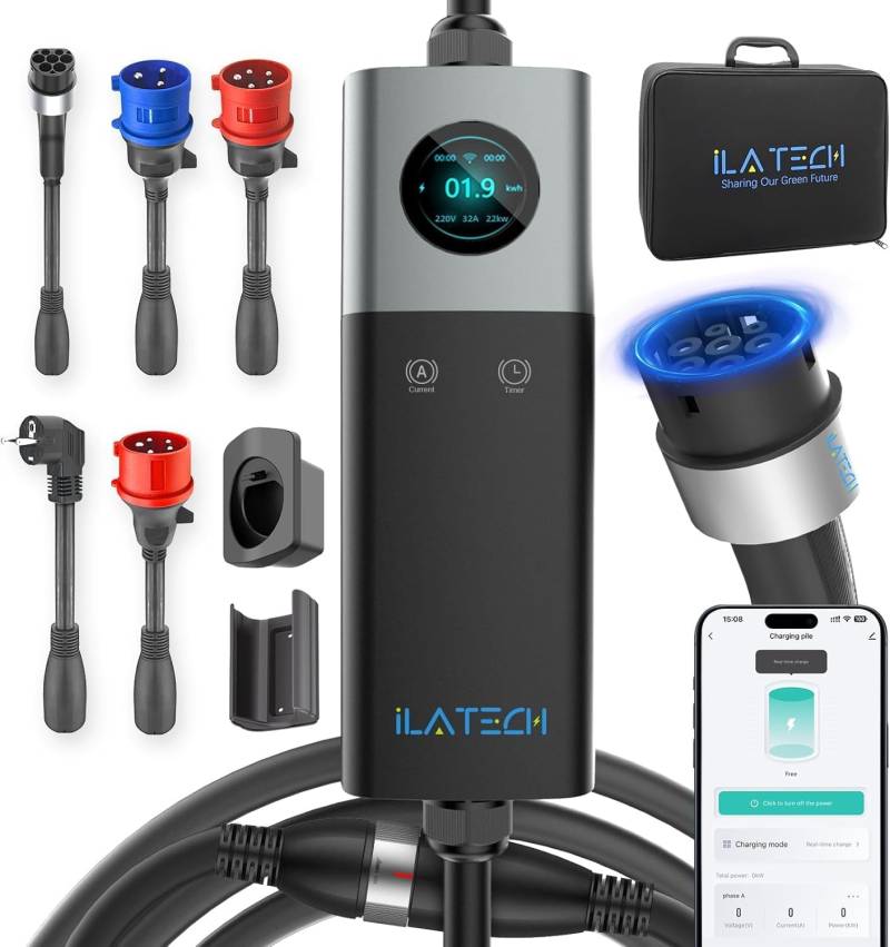 iLa Tech Mobile Wallbox WiFi mit APP, Aufladen bis zu 22kW, EV Ladegerät Typ 2, 5M Kabel, Touchscreen Display, Einstellbare Stromgröße mit Schuko 16A/CEE 32A Rot/CEE 16A Rot/CEE 32A Blau/Typ 2 Socket von iLa Tech