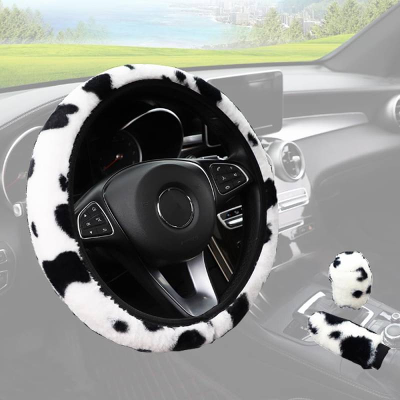 Universal Lenkradabdeckung Kuh Plüsch Winter Teleskop Anti-Rutsch Mit Handbremse Schaltabdeckung Warme Auto Lenkradhülle Zubehör 37-38cm von iNelihoo