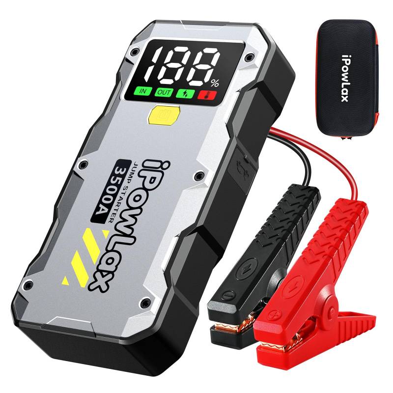 3500A Auto Starthilfe mit LCD Smart Klemme, 12800mAh Tragbare Starthilfe für 7.5L und 5.5L Diesel Fahrzeuge, Jumpbox mit 3 Notlichtmodi und Tasche von iPowLax