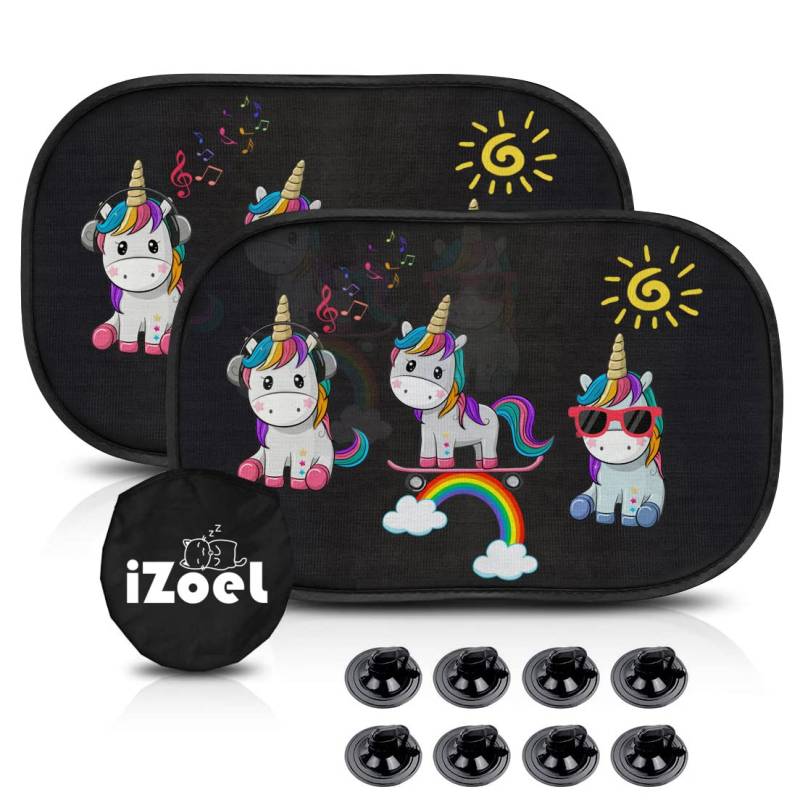 iZoeL Sonnenschutz Auto Baby mit UV Schutz, 2 Pack Sonnenblende Kinder mit 8 Saugnapf, Schatten Autofenster Seitenscheibe Motiv Tiere (Einhorn) von iZoeL