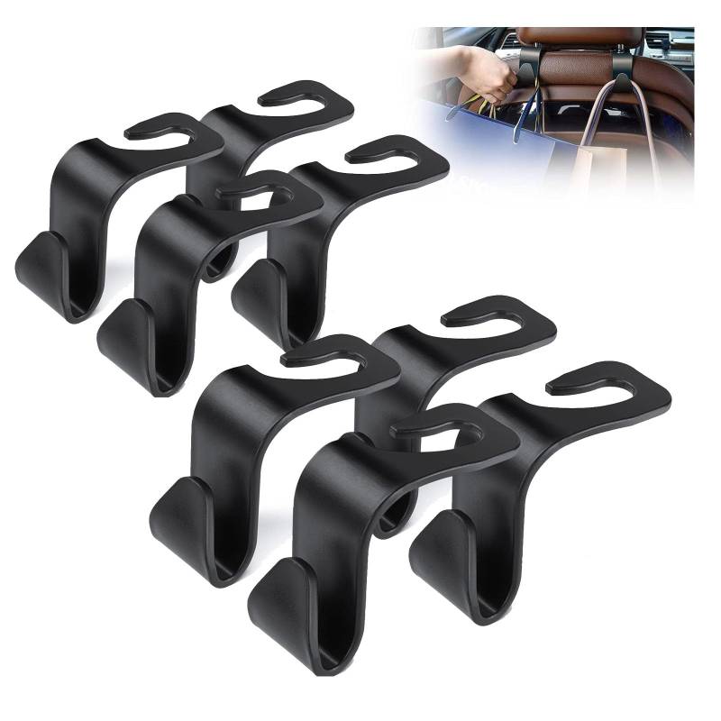 Autositz-Kopfstützenhaken, 8 Stück, Schwarz, 6,1 x 10,9 cm, Universelle Rücksitz-Organizer-Haken für Taschen und Einkaufstüten von iguTrail