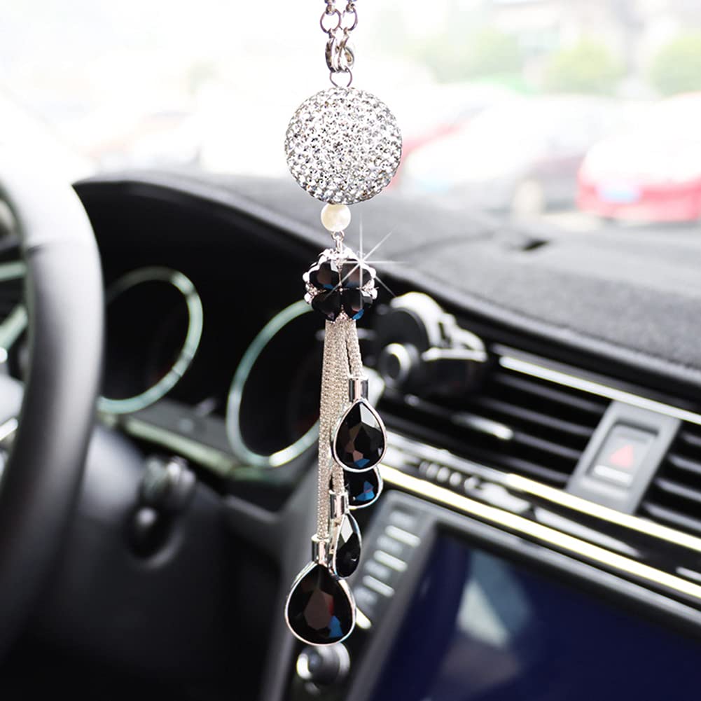 ihreesy Auto Rückspiegel Anhänger,Bling Bling Strass Auto Innenspiegel Anhänger Glitzer Kristall Ornament Hängende Dekoration Charm für Frauen Auto Innere Styling Zubehör,Schwarz von ihreesy