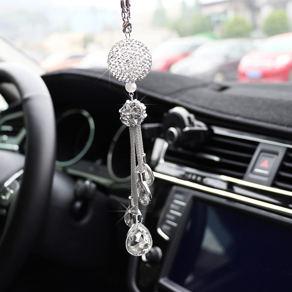 ihreesy Auto Rückspiegel Anhänger,Bling Bling Strass Auto Innenspiegel Anhänger Glitzer Kristall Ornament Hängende Dekoration Charm für Frauen Auto Innere Styling Zubehör,Weiß von ihreesy