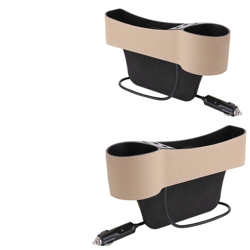 ihreesy Autositz Gap Organizer,PU Leder Autositz Fugendüse Aufbewahrungsbox Becherhalter Auto Seat Gap Organizer mit 2 USB Lade Löchern für Handys Schlüsselkarten,Beige Fahrerseite Beifahrerseite von ihreesy