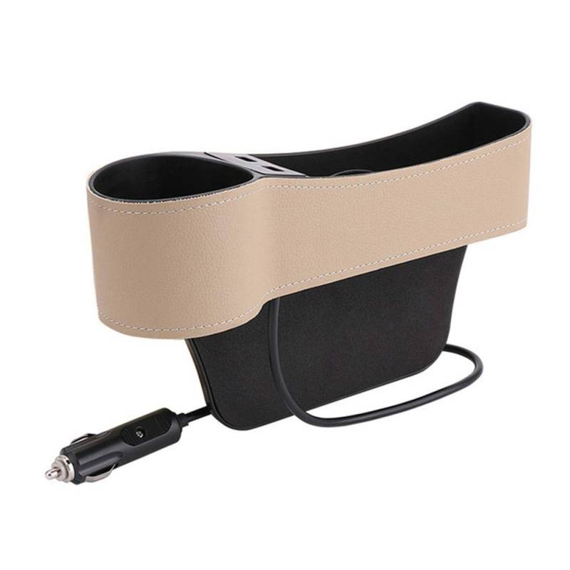 ihreesy Autositz Gap Organizer,PU Leder Autositz Fugendüse Aufbewahrungsbox Becherhalter Universal Auto Seat Gap Organizer mit 2 USB Lade Löchern für Handys Schlüsselkarten,Beige Fahrerseite von ihreesy