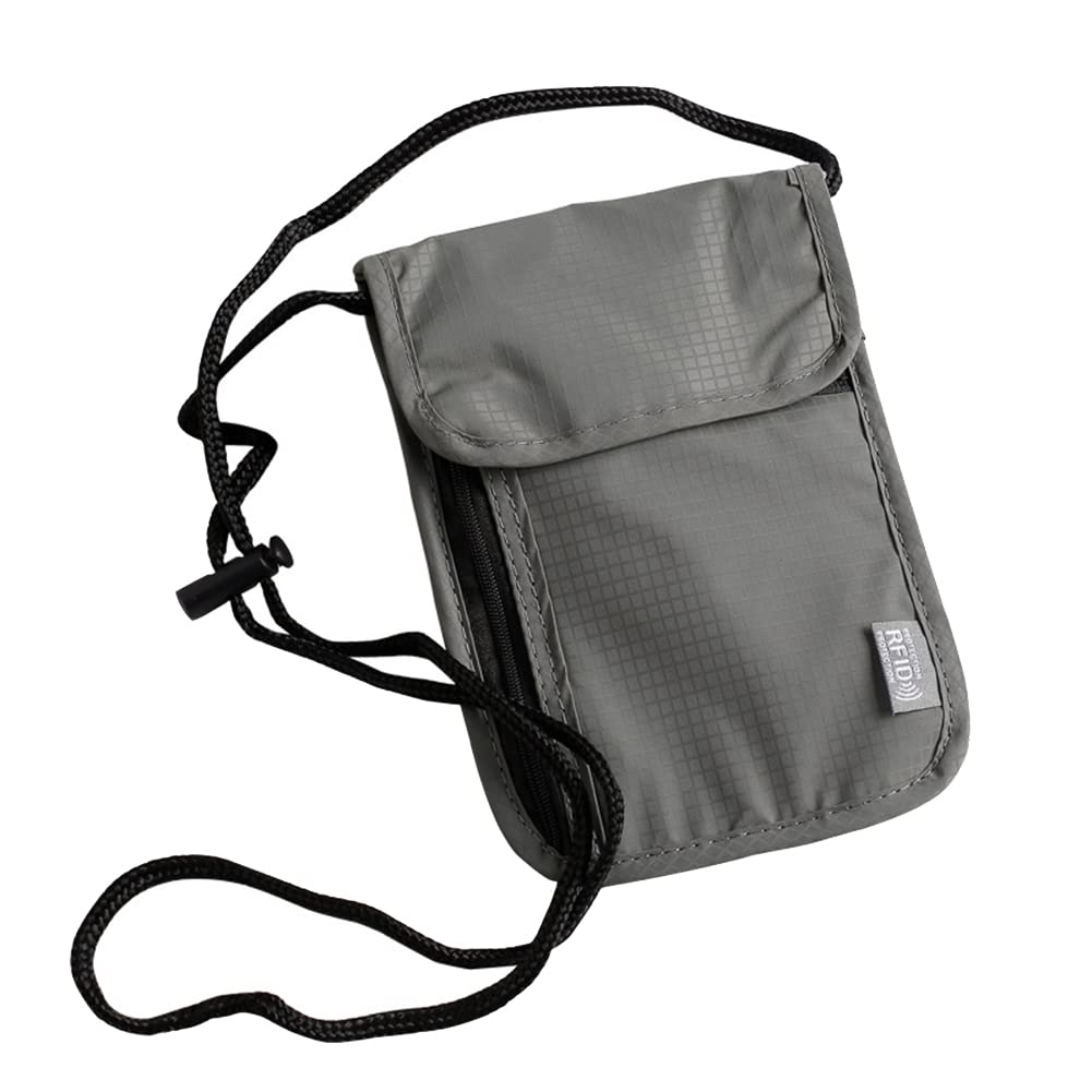 ihreesy Reisepass-Tasche, Brustbeutel Reisepasstasche mit RFID-Blocker Reisepasshalter Reise-Halstasche Nackentasche Geldbeutel mit Verstellbar Umhängeband für Männer und Frauen, 19cm x 14cm Grau von ihreesy