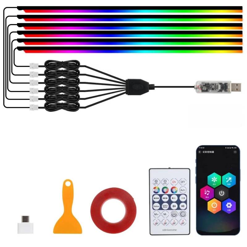 iuscacey LED-Lichtstreifen fürs Auto, APP-Steuerung, Musiksynchronisation, RGB-LED-Lichtstreifen, ultradünn, schneidbar, 16 Millionen Farben,110cm*6 von iuscacey
