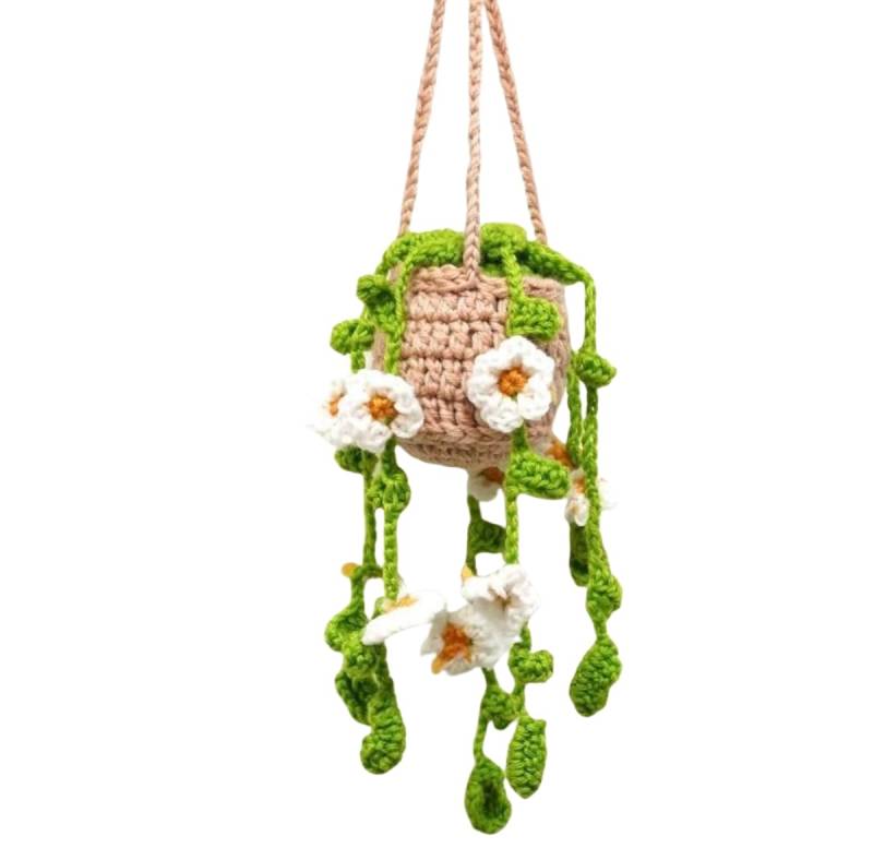 JANEUNIQUE Auto Zubehör Innenraum Auto Deko Autospiegel Anhänger für spiegel Hängekorb Topfpflanzen Hand Gestrickt Ornament Geschenk für Männer Frauen von janeunique