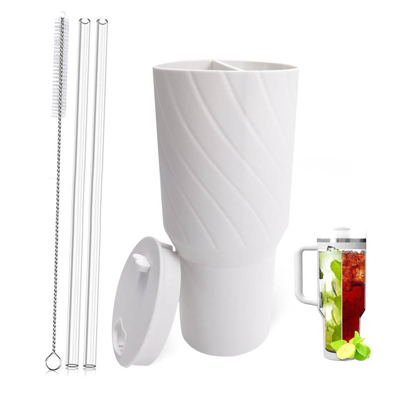 2-In-1-Getränketrenner Für Stanl-Ey Cup,Stanley Zubehör Mit Zwei Strohhalmen Und Bürste Getränke Trenner Silikon-Innenschale Für Stanl-Ey-Doppeltrinkbecher,Für Party, Freizeit, Outdoor, Büro（Beige） von jinminamz