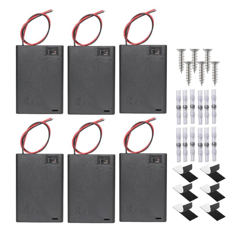 joonnair 6 Stücke DIY Robuster 3x1.5V AA Batteriehalter mit Schalter, 4.5V Kunststoff Batteriehalter Gehäuse mit Abdeckung & Anschlusskabel, inklusive Doppelseitiges Klebeband schrauben Lötverbinder von joonnair