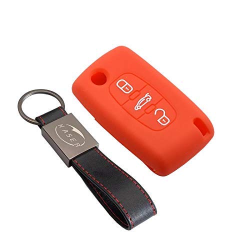 KASER Cover Autoschlüssel Silikon Hülle kompatibel für Peugeot 207 307 407 308 Citroen C1 C2 C3 C4 3 Tasten Schlüsselanhänger Schutzhülle für Fernbedienung (Rot) von Kaser
