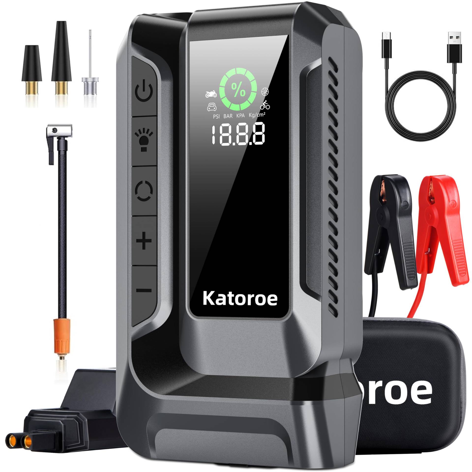 Katoroe Starthilfe Powerbank mit 150PSI Kompressor, 4000A 12V Auto Batterie Booster für alle Autos oder 10.0L Diesel,18000mAh 4-in-1 Tragbare Starter Powerbank mit 2 LED-Licht, LCD Display Katoroe Starthilfe Powerbank mit 150PSI Kompressor, 4000A 12V Auto Batterie Booster für alle Autos oder 10.0L Diesel,18000mAh 4-in-1 Tragbare Starter Powerbank mit 2 LED-Licht, LCD Display von katoroe