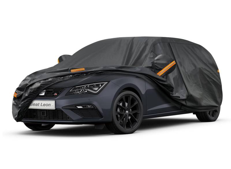 Kayme Autoplane Wasserdicht Atmungsaktiv für Seat Leon (1999-2024), 7 Schichten Vollgarage Autoabdeckung für Regen Sonne Staub Schutz Verkratzt, Autoabdeckung mit Reflektierenden Streifen. von kayme