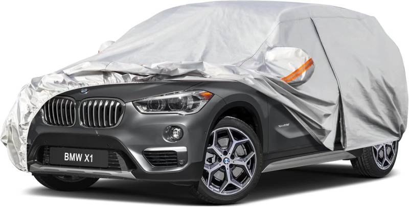 Kayme Autoplane Wasserdicht Atmungsaktiv für BMW X1 (2009-2024), 6 Schichten Vollgarage Autoabdeckung für Regen Sonne Staub Schutz Verkratzt, Autoabdeckung mit Reflektierenden Streifen. von kayme