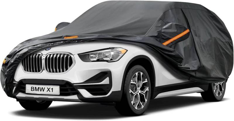 Kayme Autoplane Wasserdicht Atmungsaktiv für BMW X1 (2009-2024), 7 Schichten Vollgarage Autoabdeckung für Regen Sonne Staub Schutz Verkratzt, Autoabdeckung mit Reflektierenden Streifen. von kayme