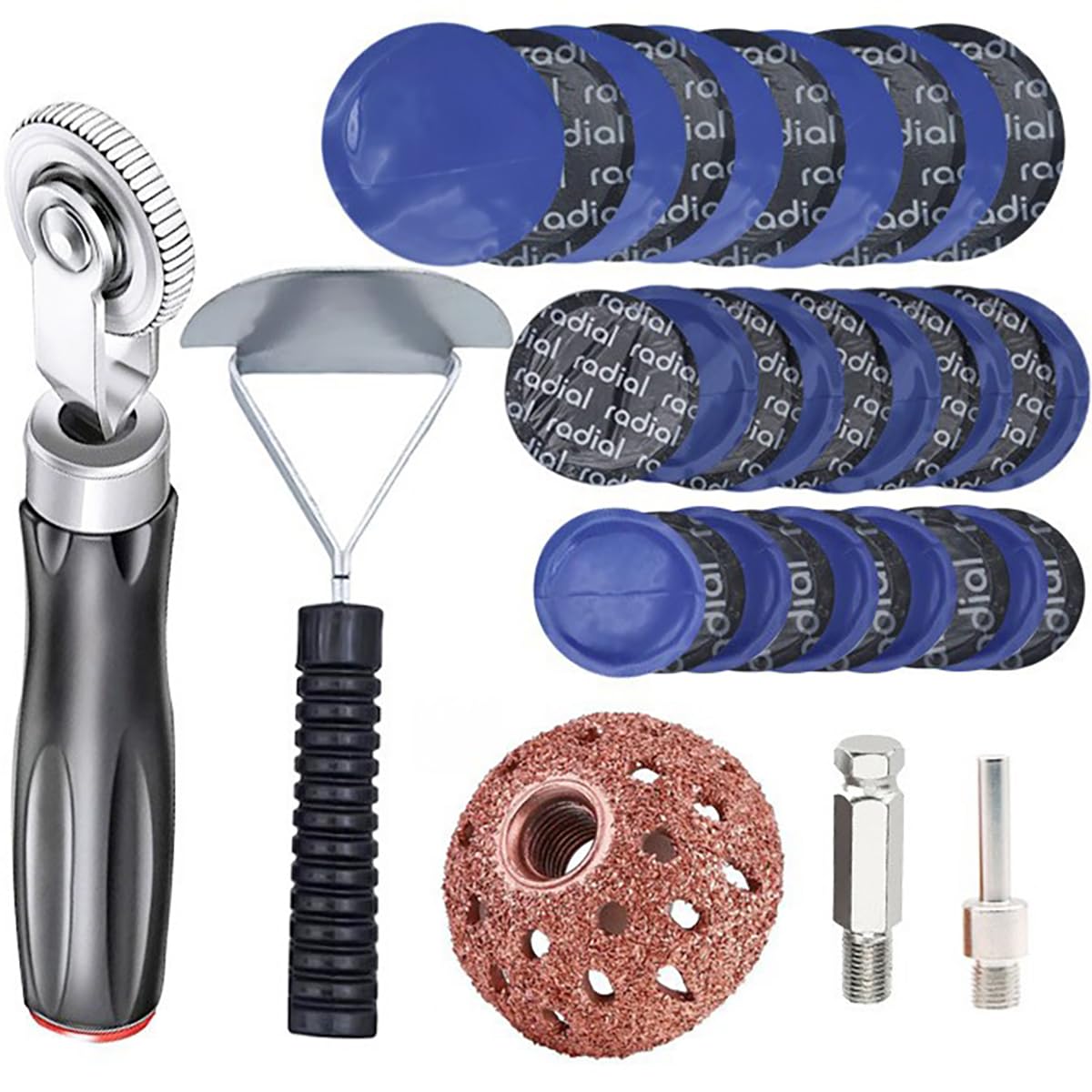 34-teiliges Reifenflicken-Set, Reifenreparatur-Patch-Werkzeuge mit 30 Radflicken (32/45/55 mm), Rollen-Reparatur-Polierrad und Innenauskleidungsschaber, Reifenreparaturwerkzeug-Set für Auto, LKW von kiimiles