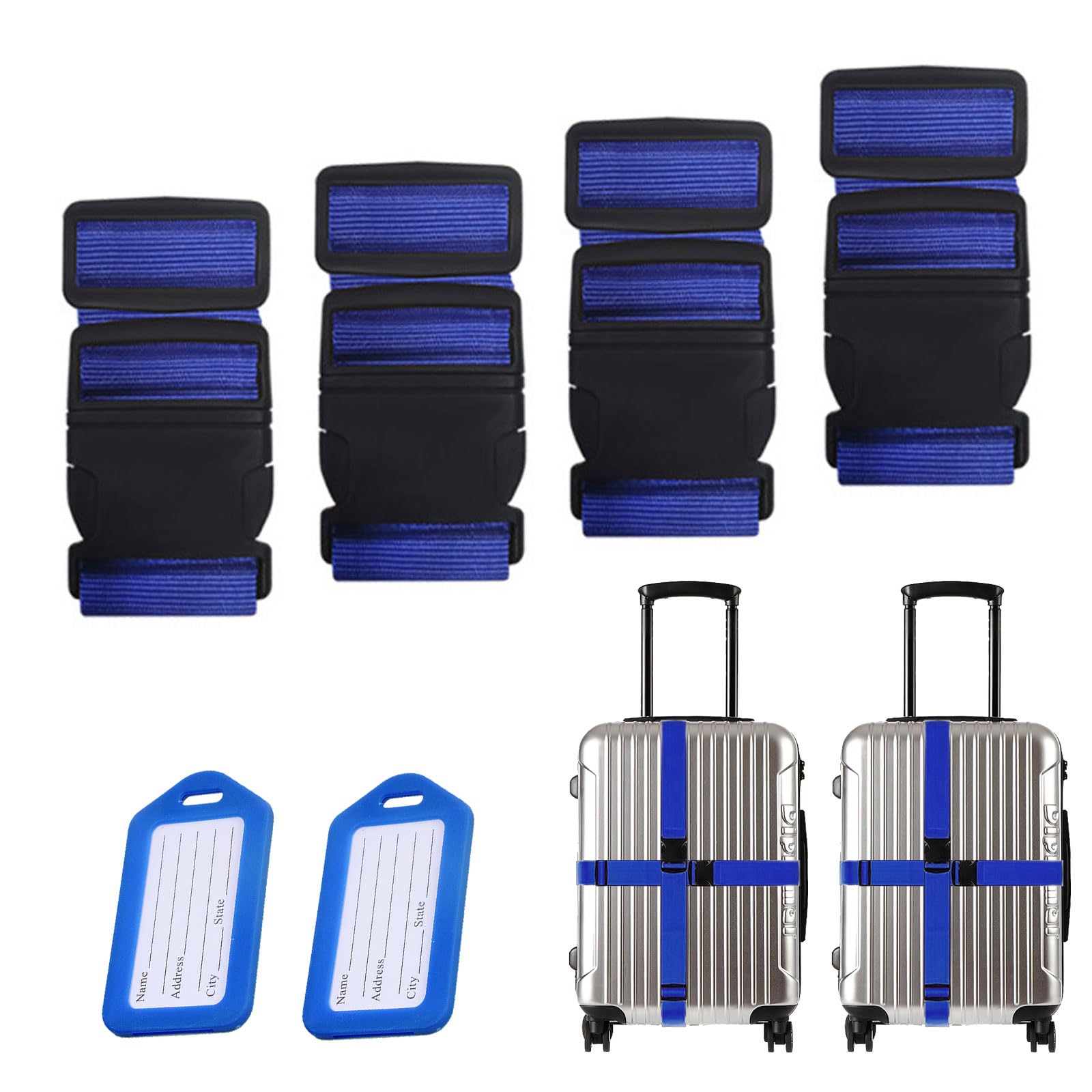 4 Stück Koffergurt mit 2 Stück Gepäckanhänger Set, Koffergurt Kofferanhänger Set, Einstellbare Kofferbänder, Luggage Strap Set Auffällig Koffergurt für Koffer, Blau von kingsea