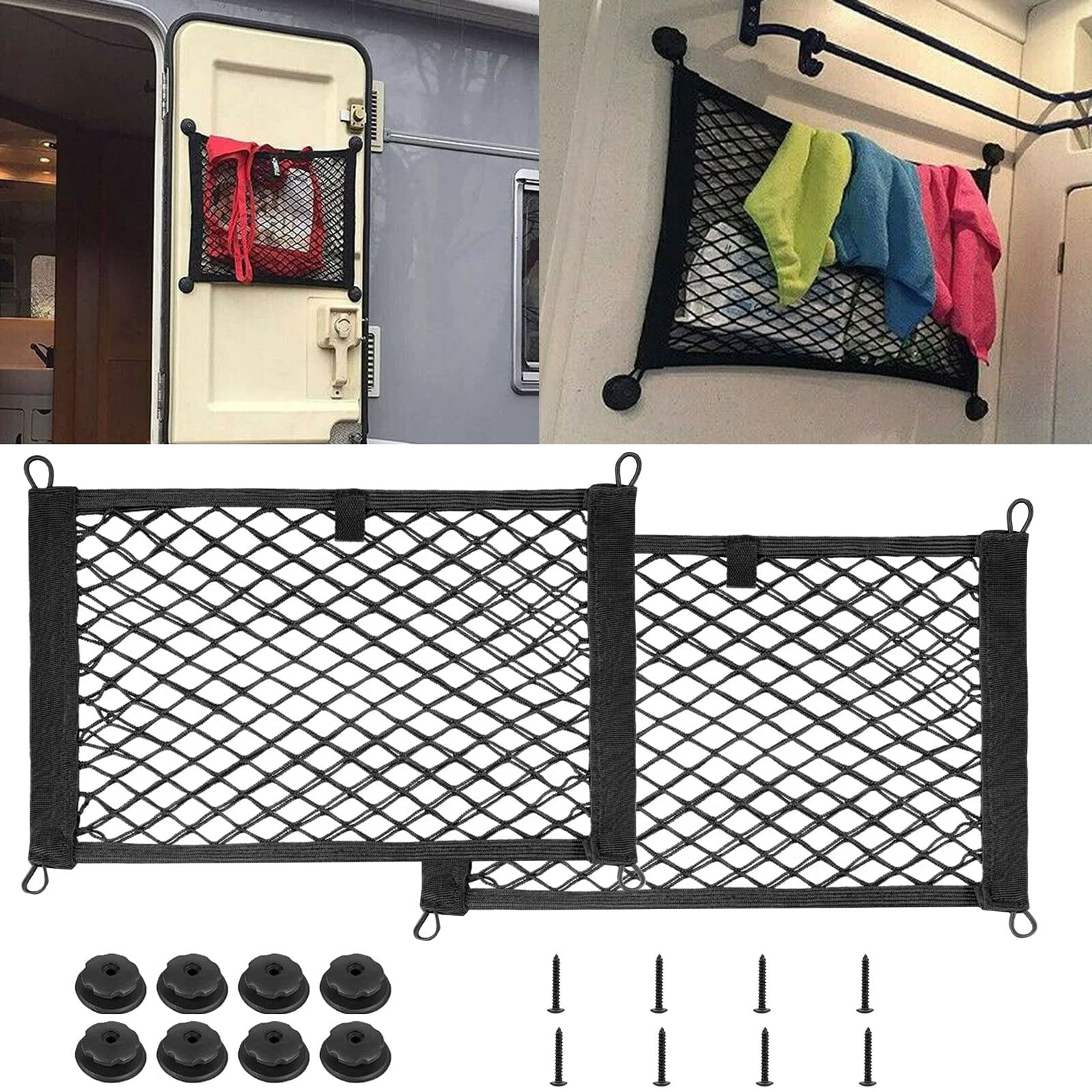 kingsea 2er-Pack große Netztaschen zur Aufbewahrung elastischer Netze, 25 x 55 cm Netztaschen zur Aufbewahrung von Netzen mit 8 Befestigungsschrauben für LKW, Wohnmobil, Boote von kingsea