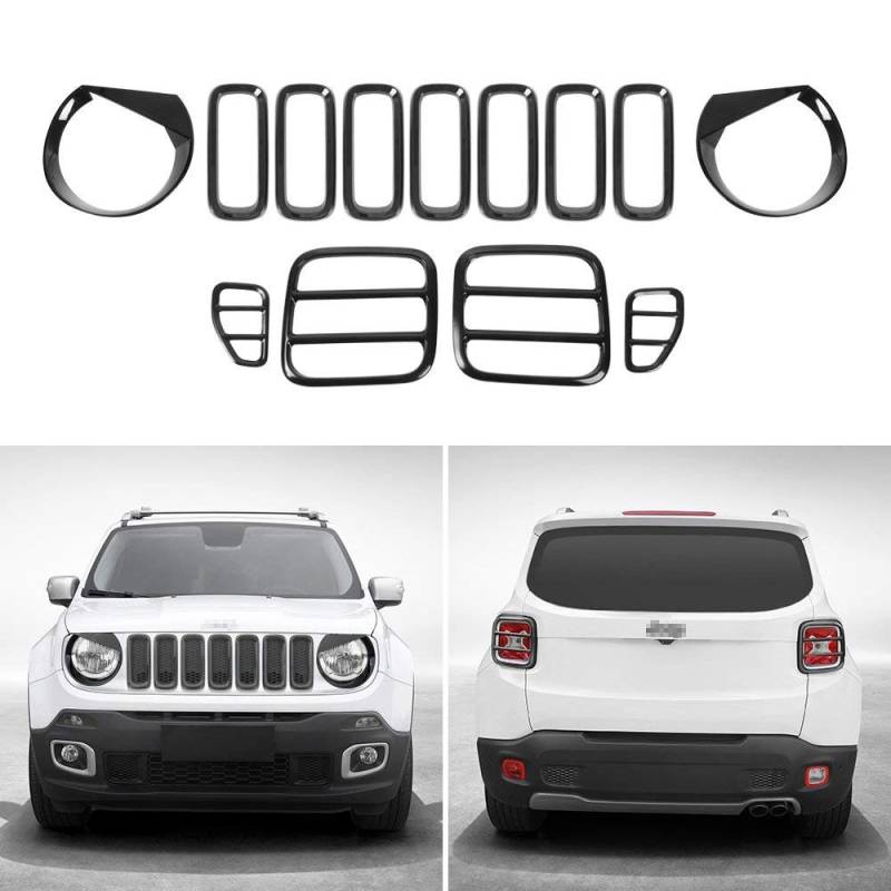 13 STÜCKE Angry Bird Scheinwerferblenden & Grill Einsätze & rücklicht Trim Abdeckung Lünette für Renegade 2016 2017 2018 (Schwarz) von kkone
