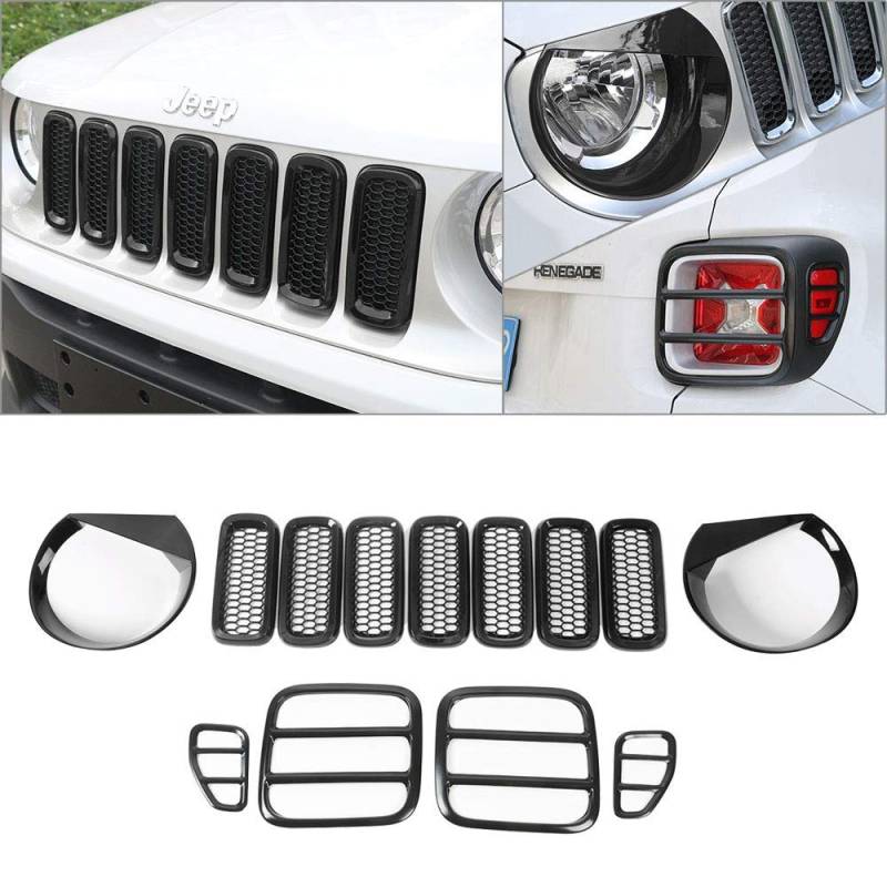 13 STÜCKE Angry Bird Scheinwerferblenden & Mesh Grill Einsätze & rücklicht Trim Abdeckung Lünette für Renegade 2016 2017 2018 (Schwarz) von Netut