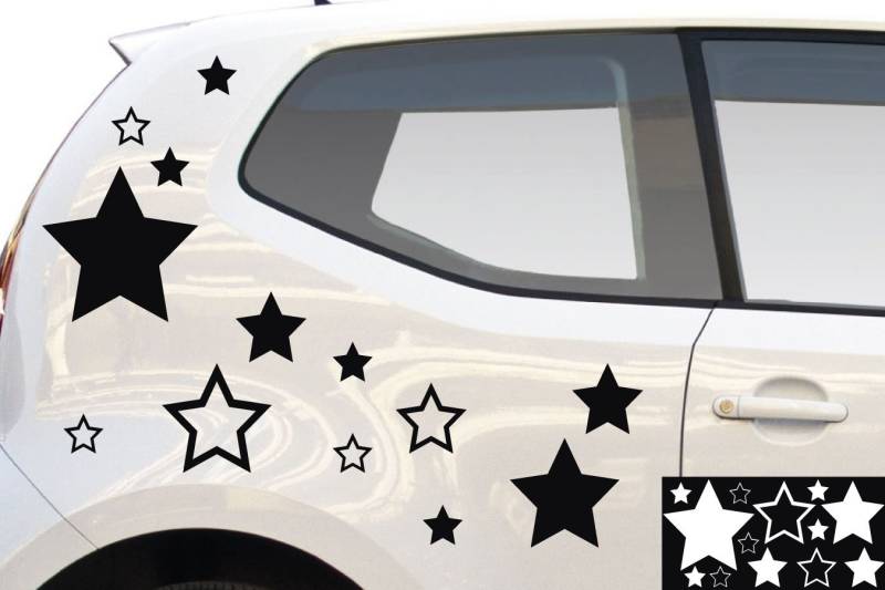 kleb-drauf® - 12 Sterne/Schwarz - glänzend - Aufkleber zur Dekoration von Autos, Motorrädern und Allen Anderen glatten Oberflächen im Außenbereich; aus 19 Farben wählbar; in matt oder glänzend von kleb-drauf