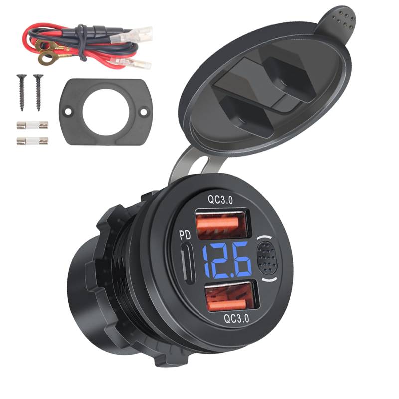 Kyaoayo Motorrad USB Steckdose Wasserdicht 12V,Motorrad Handy Ladegerät,USB Steckdose Motorrad, QC 3.0 PD Doppel-USB Mit Berührungsschalter,Doppel-USB-Anschluss, für Motorrad Kfz Wohnmobil Boot Yacht. von kyaoayo