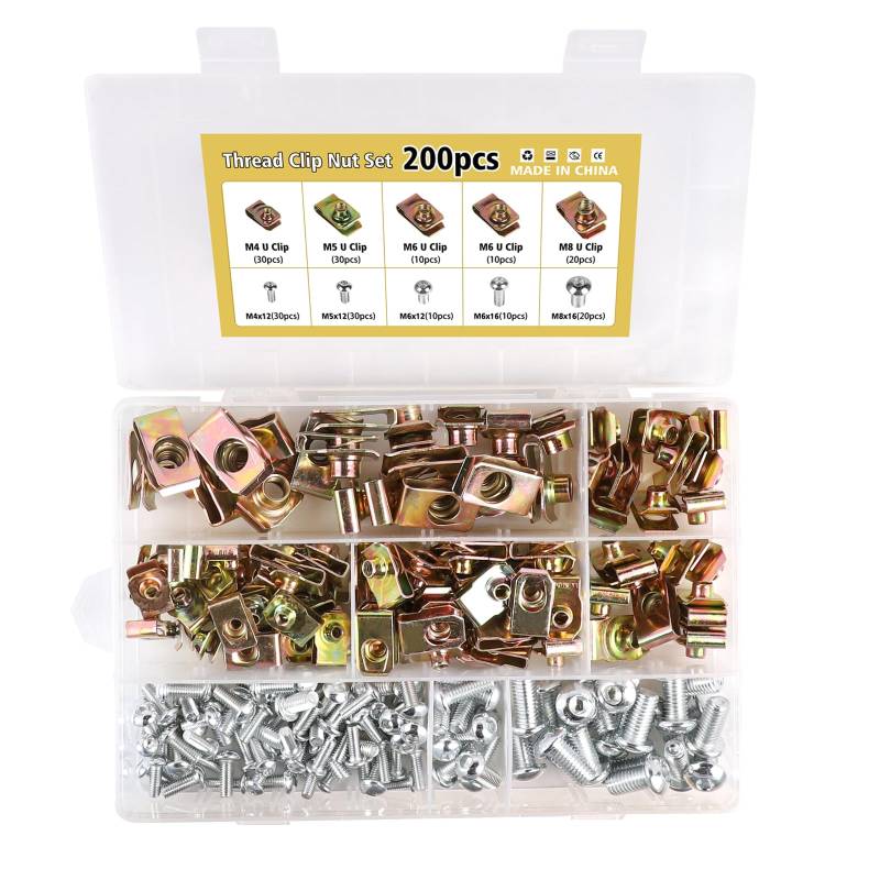LALAGO 200 Stück Blechmuttern Gewinde, M4 M5 M6 M8 Gewinde Clip Mutter Set, U-Typ Blechmuttern mit Schrauben Set, Schnappmutter Set, Kfz Schraube Mutter Clip Kit, Clipmuttern für Auto Motorrädern von lalago