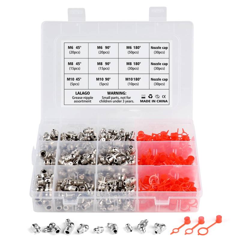 lalago Schmiernippel Sortiment Kit, 170tlg M6 M8 M10 Gerade Abgewinkelt 45°90°180 ° Kegelschmiernippel mit Nippelabdeckungen, Kegelschmiernippel für Schmierpressen mit Aufbewahrungsbox von lalago