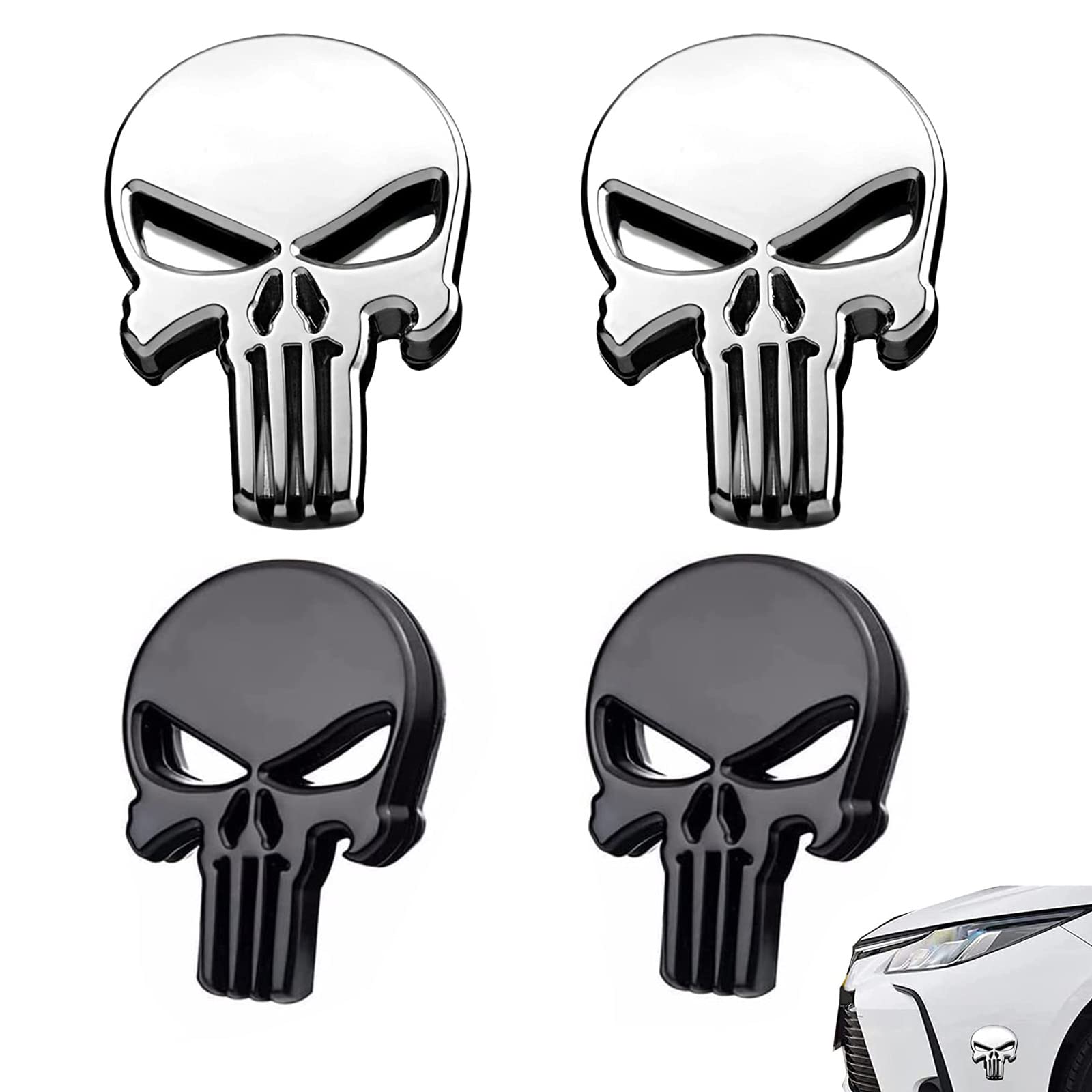 4 Stück Autoaufkleber Punisher Skull, Totenkopf Auto Sticker, 3D Metall Aufkleber Silber für Motorrad, Fahrrad, Auto Styling DIY Dekoration Zubehör (Schwarz, Weiß) von landscape lights2K