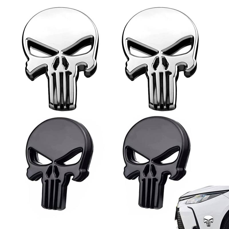 4 Stück Autoaufkleber Punisher Skull, Totenkopf Auto Sticker, 3D Metall Aufkleber Silber für Motorrad, Fahrrad, Auto Styling DIY Dekoration Zubehör (Schwarz, Weiß) von landscape lights2K