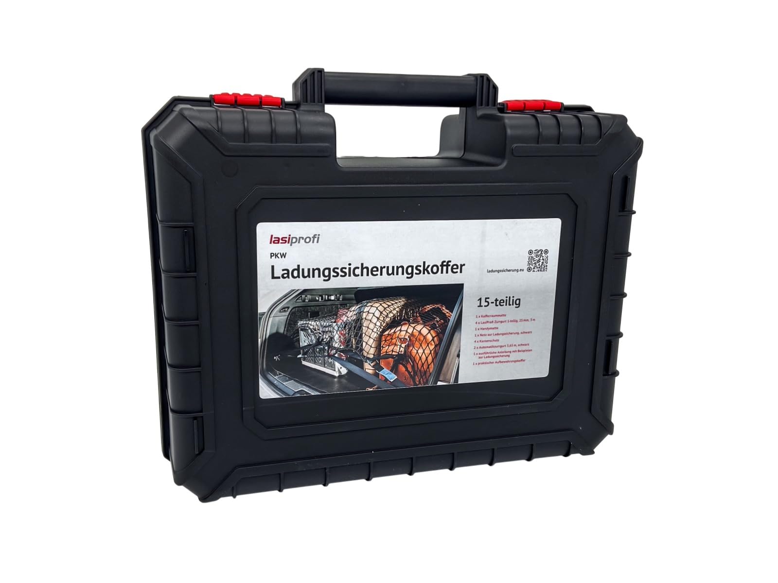 Lasiprofi PKW Ladungssicherungskoffer Set 15-teilig Spanngurt mit Ratsche, Ladungssicherung, Abdecknetz, Antirutschmatte von lasiprofi