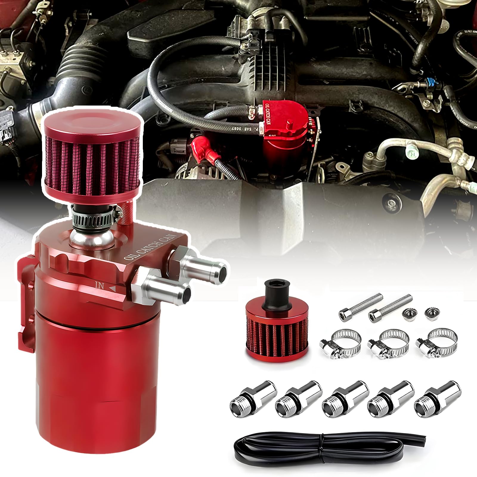 Oil Catch Can,Ölbehälter,300ml Aluminium Auto Reservoir Tank ,Universal Auto Tank Tank Kit,mit Luftfilter, Schlauch und sonstiges Zubehör (Rot) von lcvtos