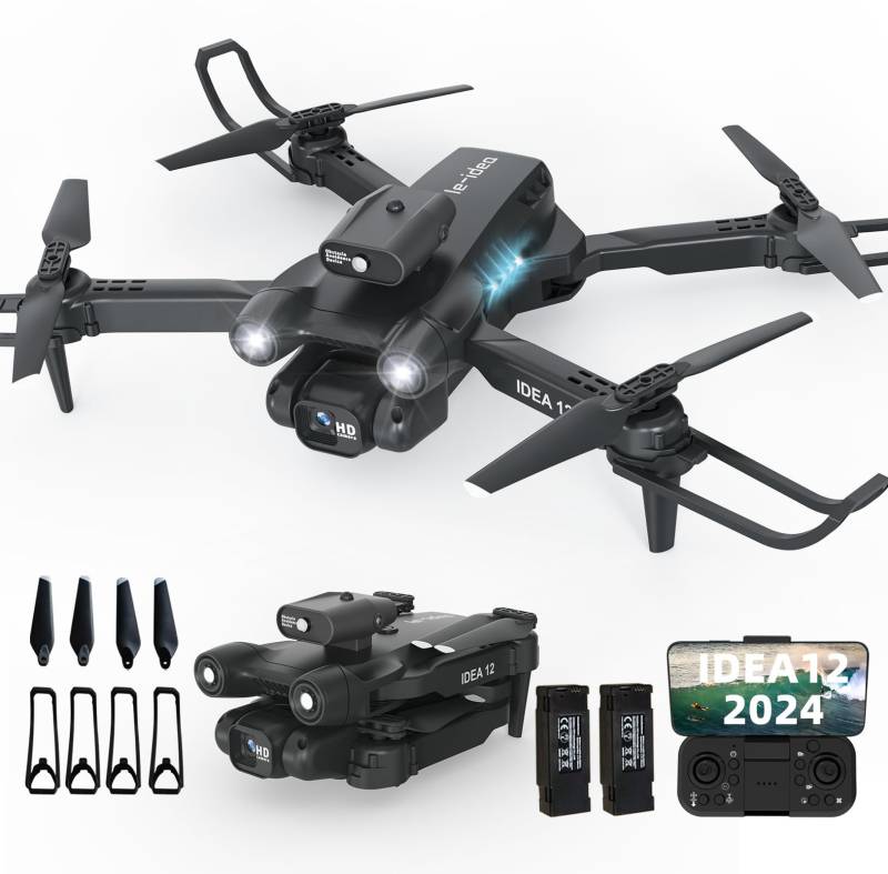 IDEA12 Drohne mit 2 Kamera, Drohne für Kinder mit Hindernisvermeidung, Drone mit Kamera Elektrisch Verstellbarer RC Drones WiFi FPV Übertragung Quadcopter für Erwachsene und Kinder Dual Kameras von le-idea